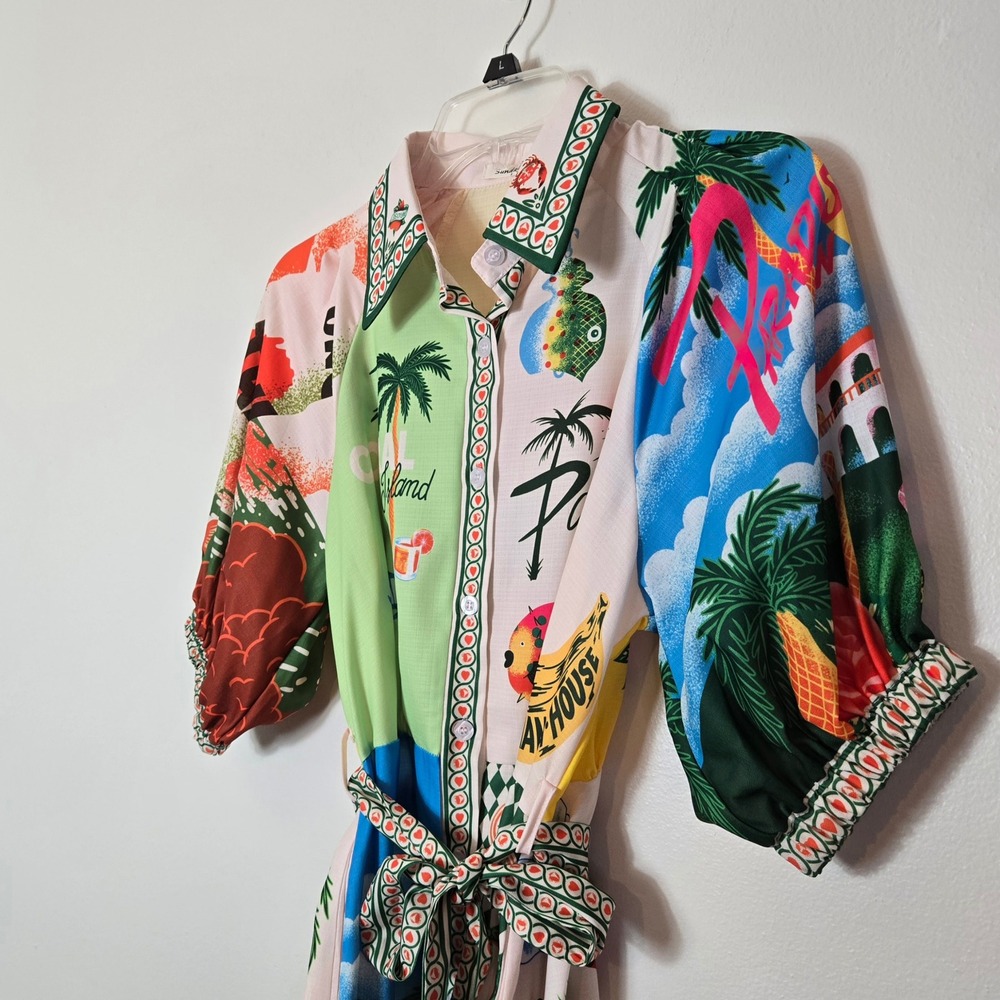 Sunday Up Tropical Postcard Print Linen Blend Button Front Mini Dress POCKETS‎ S